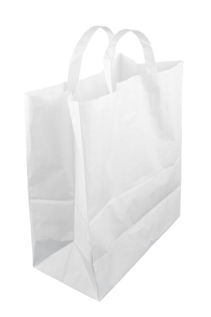 Used white paper bag with handles isolated on white background