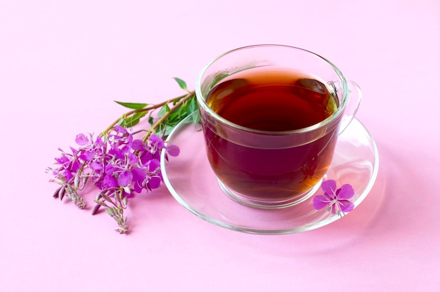 Useful herbal tea from fermented leaves fireweed on pink background