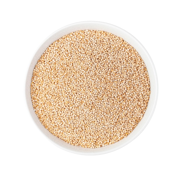 Useful quinoa seeds are isolated on white Top view Healthy food