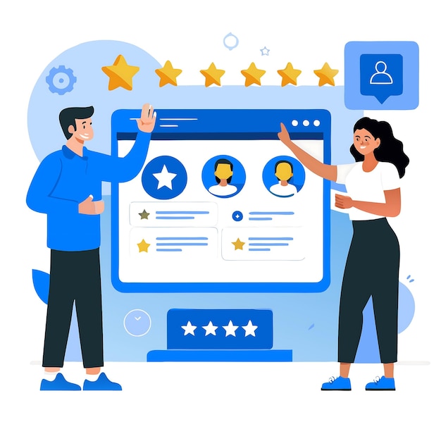 Photo user feedback and review illustration with diverse profiles and ratings