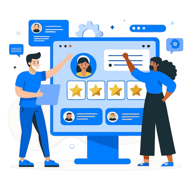 Photo user feedback and review illustration with diverse profiles and ratings