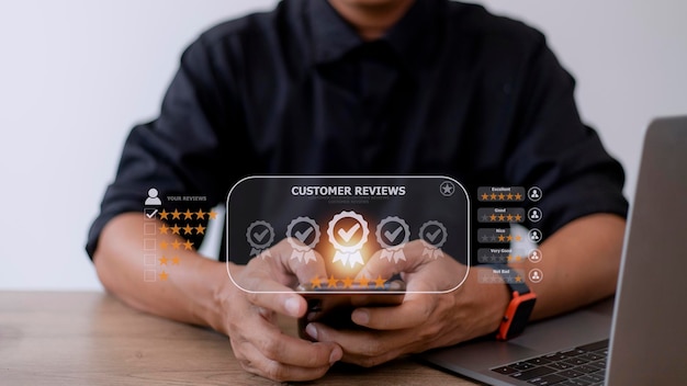 User give rating to service experience on online application Customer review satisfaction feedback survey concept Customer can evaluate quality of service leading to reputation ranking of business