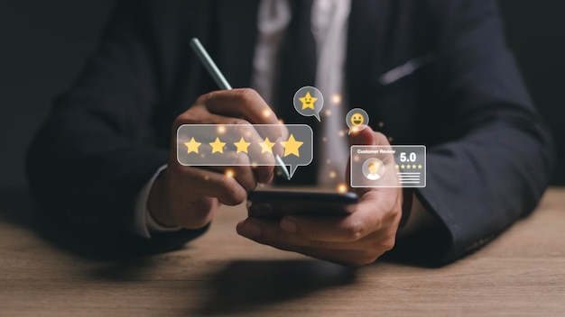 User give rating to service experience on online application Customer review satisfaction feedback survey concept Customer can evaluate quality of service leading to reputation ranking of business