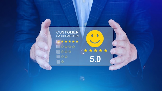 User gives rating to service experience on online application Customer review satisfaction feedback survey concept Customer can evaluate quality of service leading to reputation ranking of business