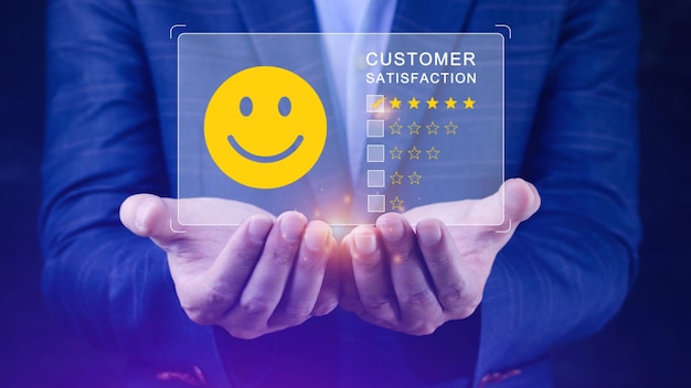 User gives rating to service experience on online application Customer review satisfaction feedback survey concept Customer can evaluate quality of service leading to reputation ranking of business