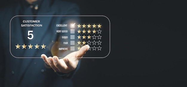 User gives rating to service experience on online application Customer review satisfaction feedback