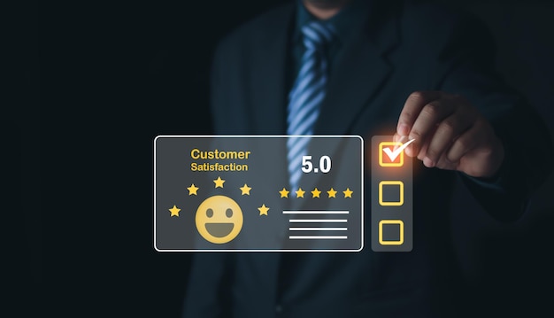 User gives rating to service experience on online application Customer review satisfactionconcept.