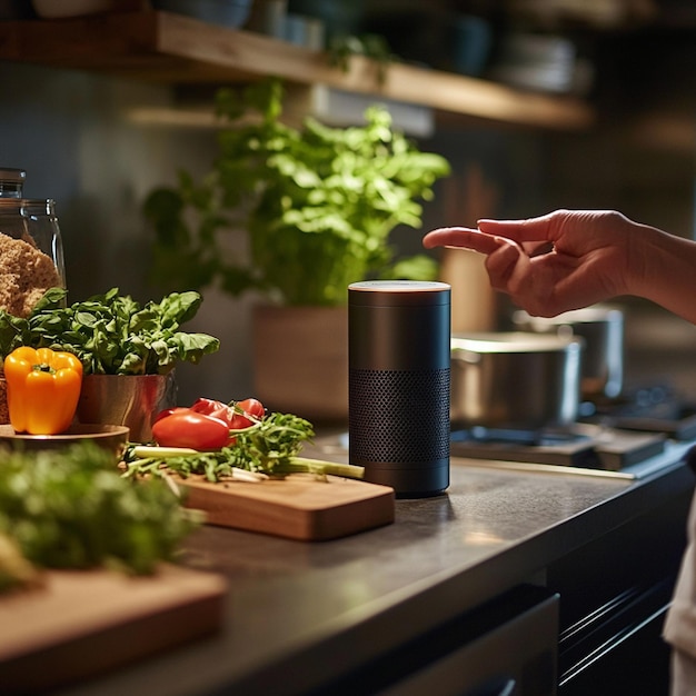 Photo a user interacting with a voice assistant for handsfree cooking instructions and recipes