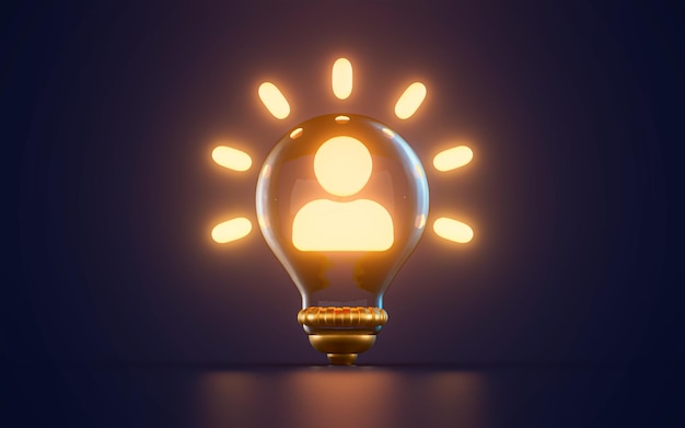 user people icon glowing inside lightbulb on dark background 3d render concept