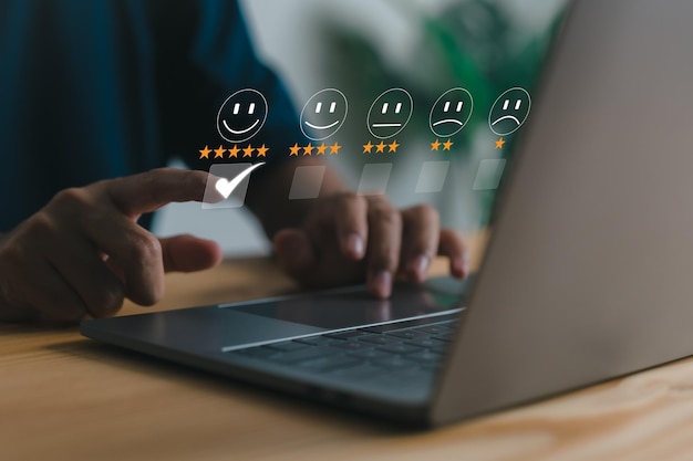 User rate service experience on online application customer review satisfaction feedback survey concept customer can evaluate service quality leading to business reputation ranking