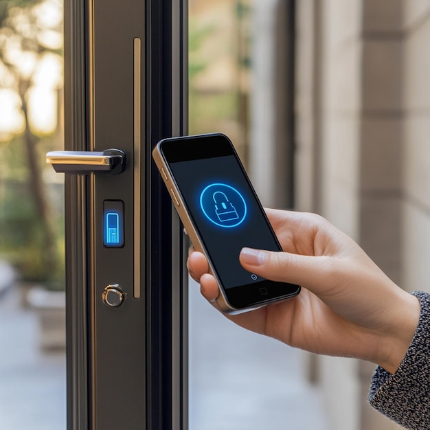 Photo a user unlocking a smart door lock using a smartphone or biometric scanner