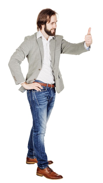 Usinessman looking at camera and showing his thumb up while standing against white background