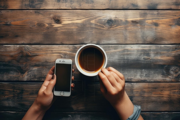 Using black phone with cup of coffee