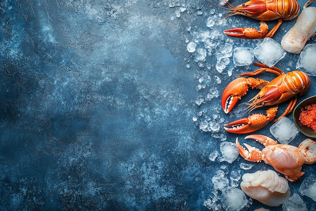 Photo using a blue background a flat lay top shot of fresh fish shrimps crabs squid mussels and clams scallops and caviar is shown