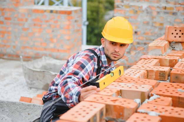 Using bricks Young construction worker in uniform is busy at the unfinished building