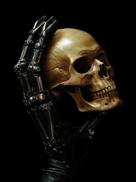 Photo using a cybernetic hand to hold a cracked skull this image emphasizes the potential dangers and existential risks posed by the relentless advance of automation and stock market trading