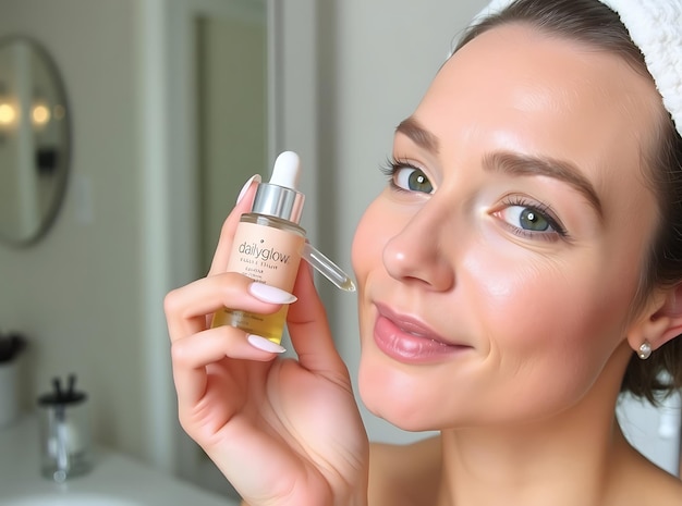 Photo using dailyglow serum with radiant complexion in contemporary setting