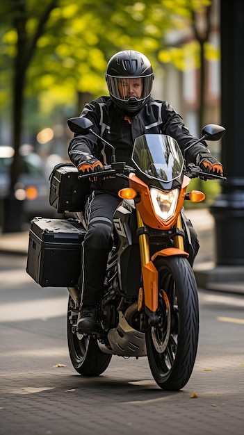 Using a delivery box a delivery person rides a motorbike