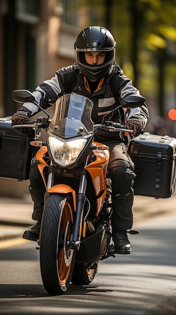 Using a delivery box a delivery person rides a motorbike