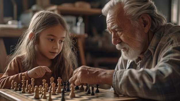 Using Generative AI an elderly man and his granddaughter play chess