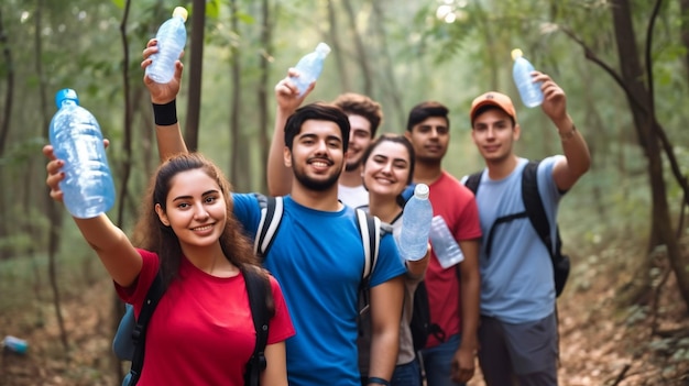 Using Generative AI a young volunteer team gives a thumbs up while clutching a plastic bottle in the forest