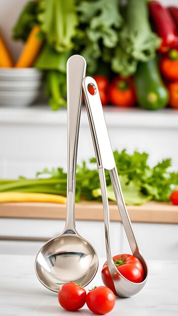 Photo using a ladle to serve a hearty dish in a bright stylish kitchen