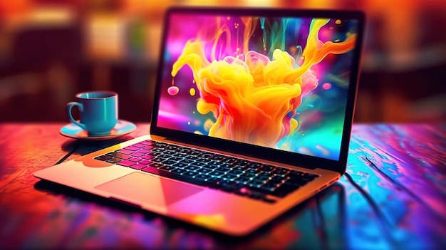 Using laptop computer with coffee Bright color Generative ai