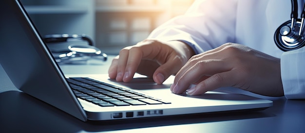 Using a laptop keyboard to repair or maintain a computer a doctor is seen using a stethoscope