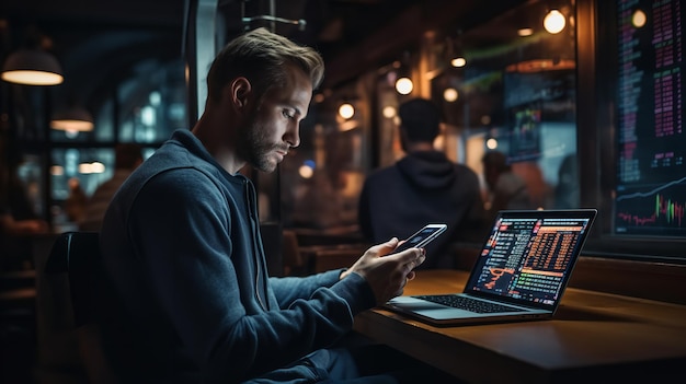 Using a laptop and phone to check trading Generative Ai