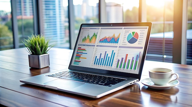 using a laptop with graphs and charts on a laptop computer