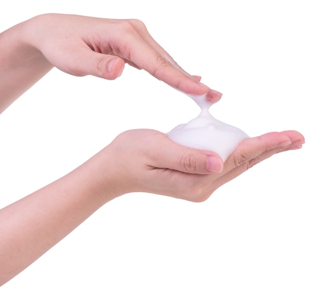 Using liquid soap to washing hand isolated on white.