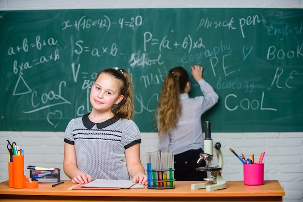 Using modern technologies Little girls scientist work with microscope Biology science Happy little girls science experiments Chemistry research Little girls in school lab Science is future