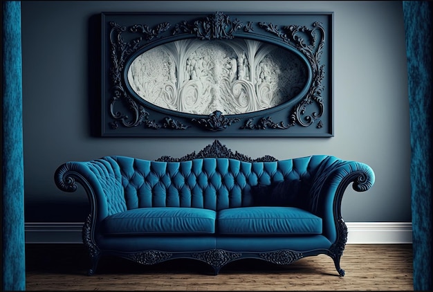 Using a photoframe and a blue couch the interior design