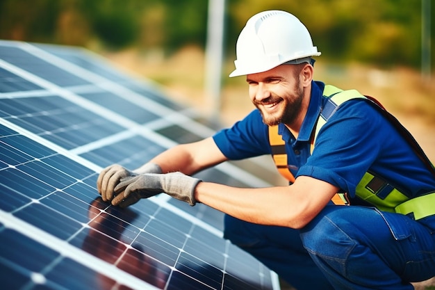 Using special equipment male worker in blue uniform outdoors with solar batteries at sunny day