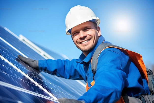 Using special equipment male worker in blue uniform outdoors with solar batteries at sunny day