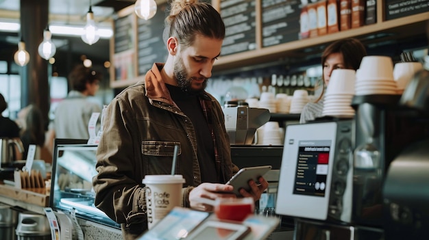 Using a tablet an advertising sales agent showcases a digital marketing campaign to a potential client at a coffee shop