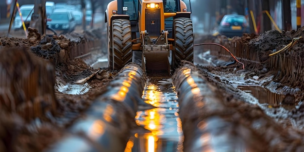 Using tractors for excavation in concrete sewage pipe drainage project Concept Construction Excavation Sewage Tractors Concrete Pipe