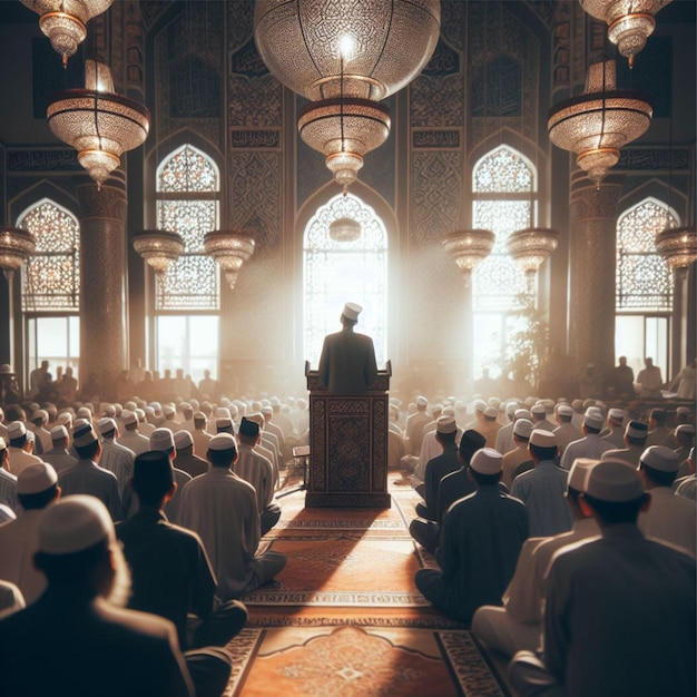 Photo ustadz is giving a sermon on the pulpit in the mosque