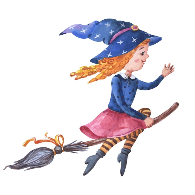 Ute witch is flying on a broom Girl with curly red hair and a blue hat with stars