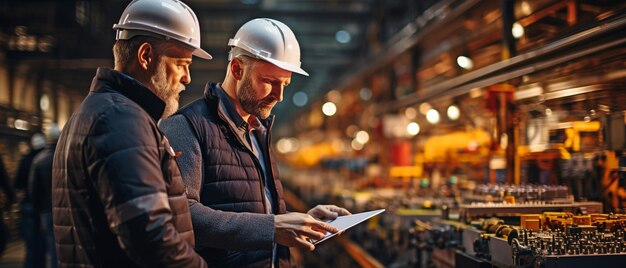 Utilising a laptop the factory engineer manager and assistant examine an industrial steel machine