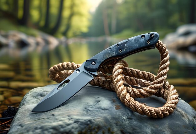 Photo utility knife open on rock with paracord rope showcasing essential survival tools in forest