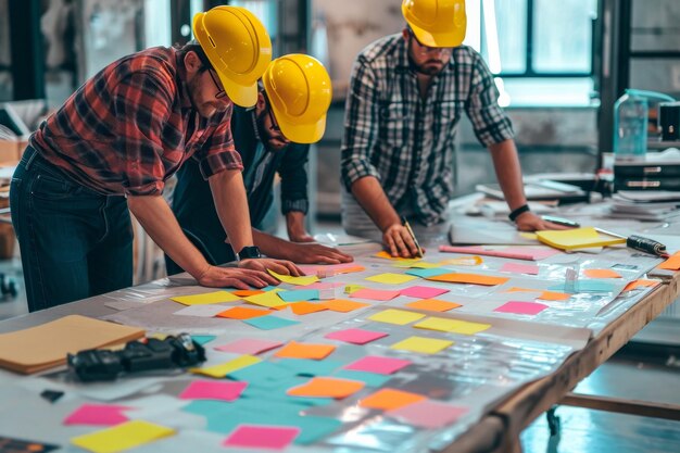 Photo utilizing sticky notes for collaborative idea sharing and brainstorming among helmet specialist buil