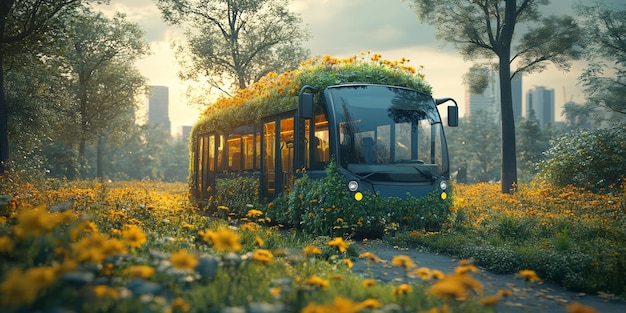 Utopian Bus Journey Through a Flower Field