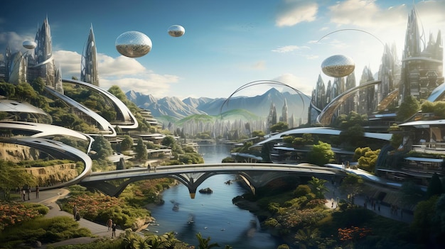 A utopian city where buildings and technology seamlessly blend with a thriving natural landscape