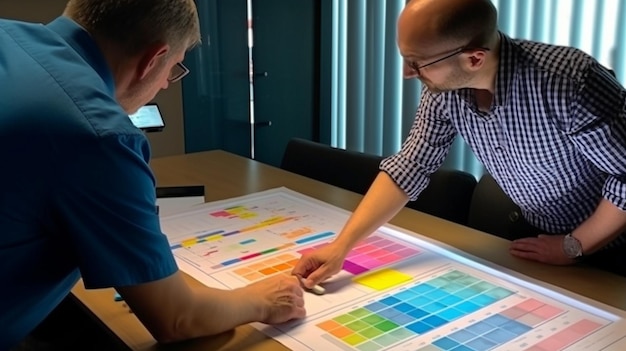 UX developer and UI designer discussing mobile app interface wireframe design with client brief and colour code at workplace Generative AI