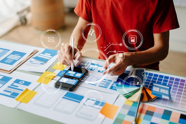 UX graphic designer planning application process development prototype wireframe for web smart phone Creative digital development agency