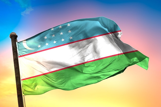 uzbekistan country flag, 3d flag, and color background.