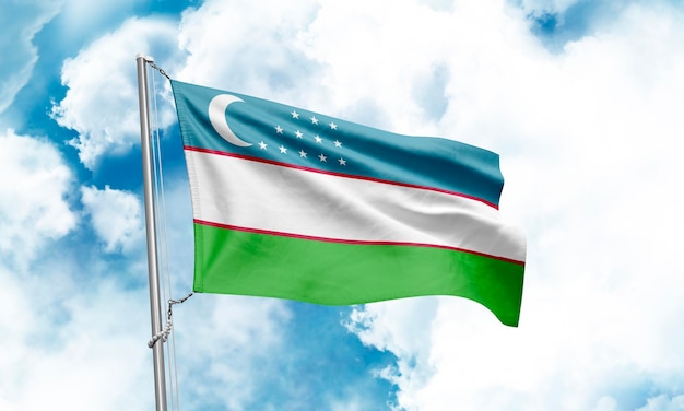 Uzbekistan flag waving on sky background 3D Rendering