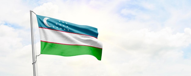 Uzbekistan flag waving on sky background 3D Rendering