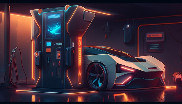 V A car or an electric vehicle is charging at a charging station with the power cable supply linked to the blurring energy power effect Generative AIx9